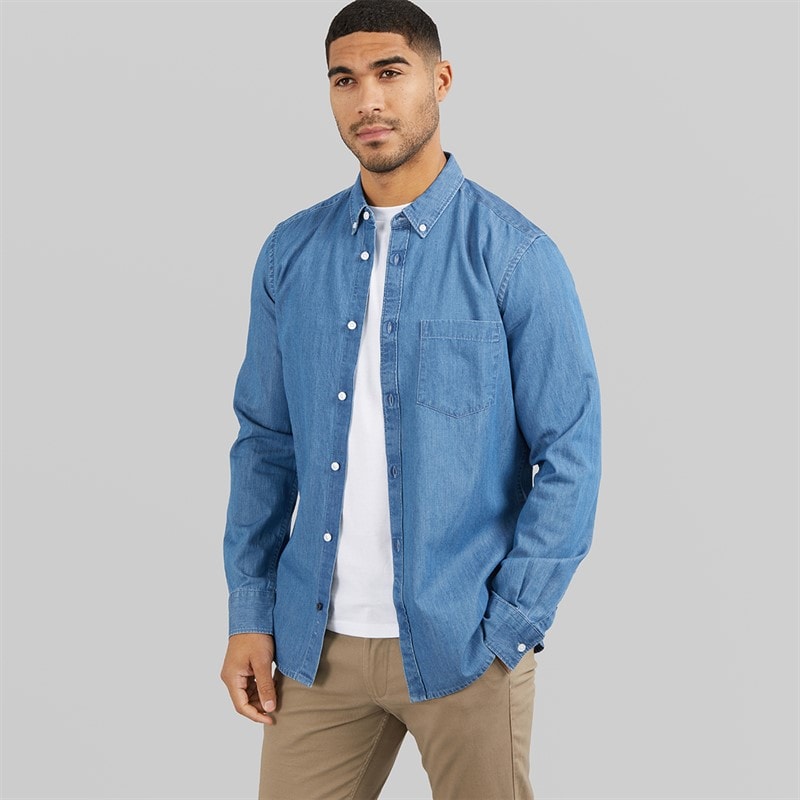 French Connection Herre Langærmet Denim Skjorte Mid Wash - Billede 3