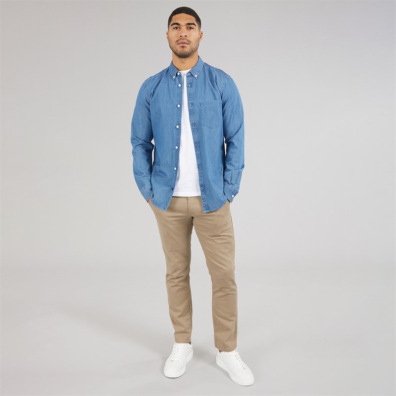 French Connection Herre Langærmet Denim Skjorte Mid Wash - Billede 4