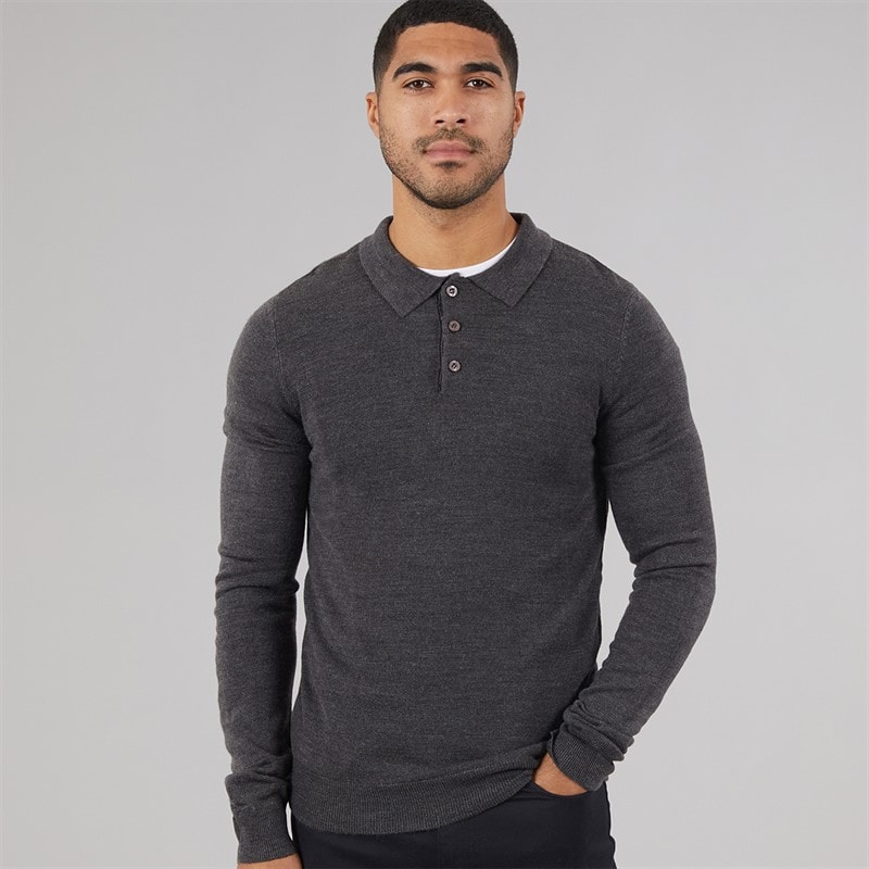 French Connection Herre Cash Langærmet Poloshirt sort Charcoal Mel - Billede 1
