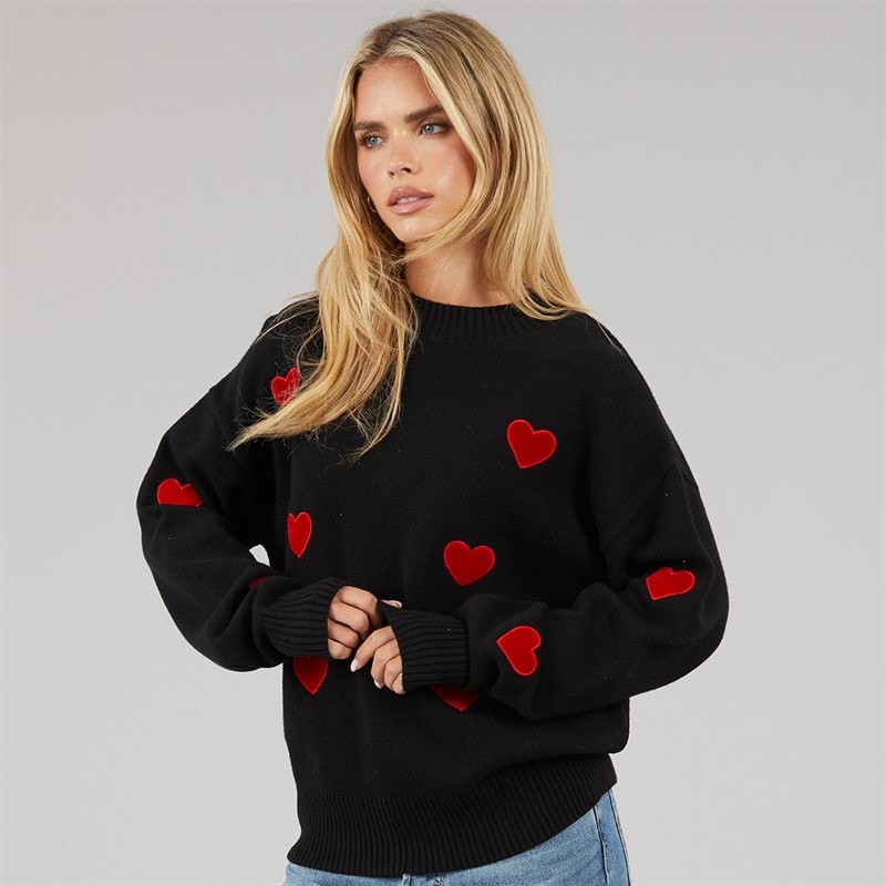 French Connection Dame Hjerte Appliq Crew Sweater Sort/Lipstick Red - Billede 1
