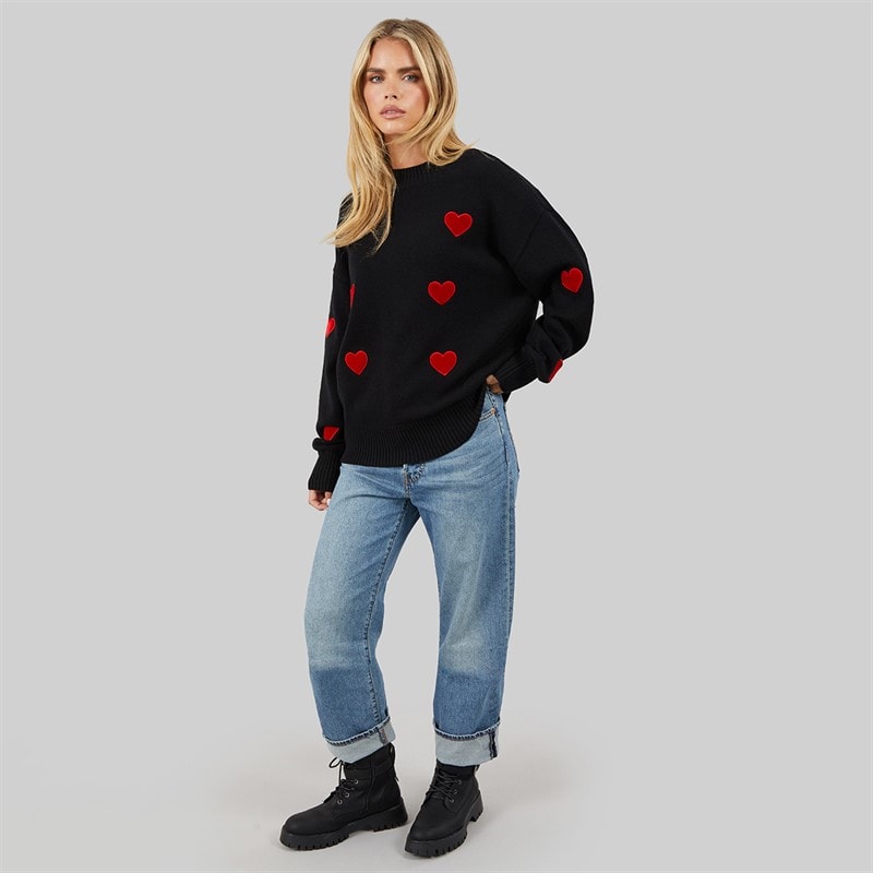 French Connection Dame Hjerte Appliq Crew Sweater Sort/Lipstick Red - Billede 4