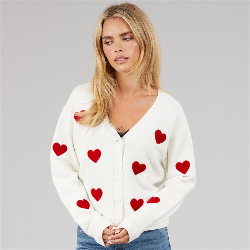 French Connection Dame Hjerte Applikation Cardigan Winter White/Lipstick Red - Billede 1