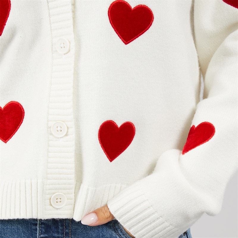 French Connection Dame Hjerte Applikation Cardigan Winter White/Lipstick Red - Billede 3