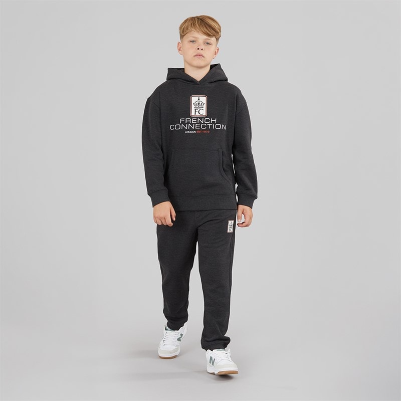 French Connection Drenge mærke overhead hættetrøje og joggingbukser træningssæt Charcoal Melange/Ecru/Burnt Orange - Billede 4