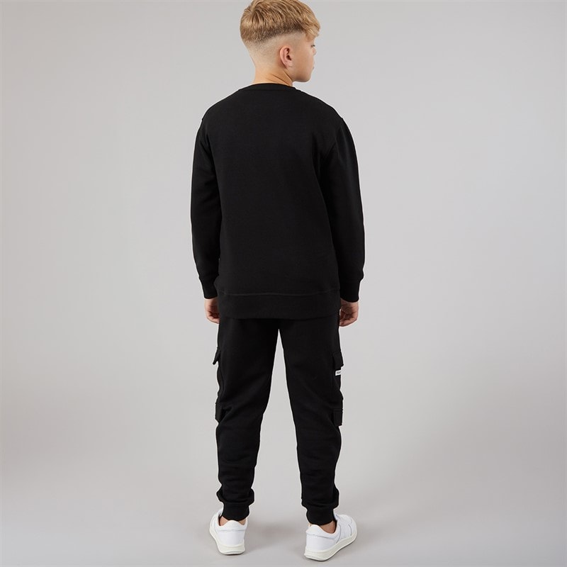 French Connection Drenge Zone Crew Sweatshirt Og Cargo Bukser Træningsdragt Sort/Hvid - Billede 2