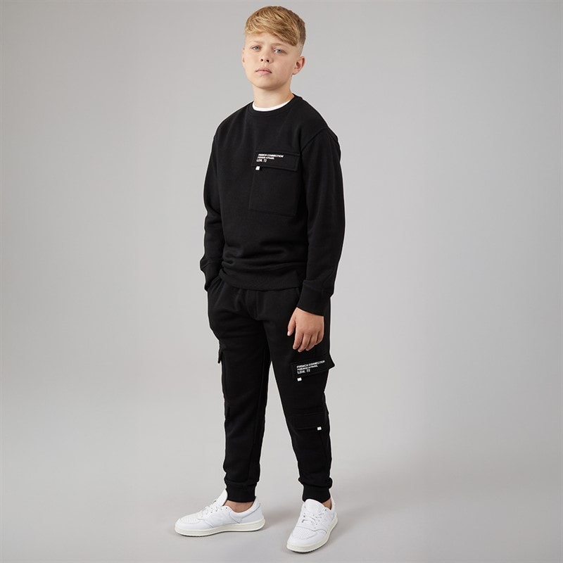 French Connection Drenge Zone Crew Sweatshirt Og Cargo Bukser Træningsdragt Sort/Hvid - Billede 4