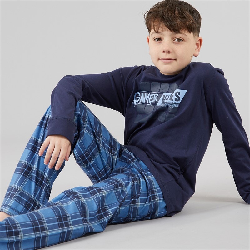 Threadboys Drenge Atmore nattøj sæt Navy/Blue Check - Billede 1