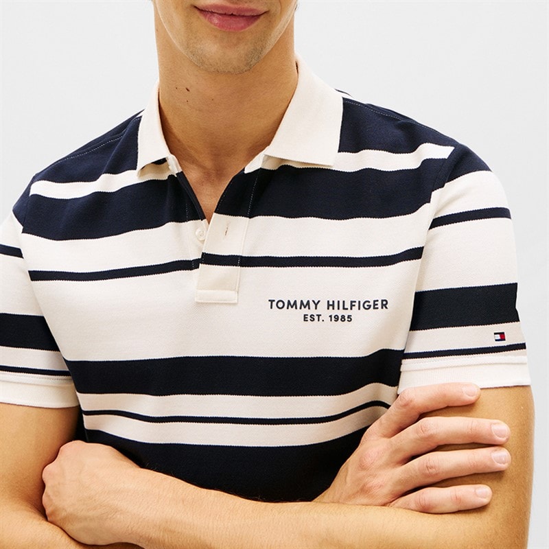 Tommy Hilfiger Herre Pique Multi Stripe Polo Skjorte Ivory Petal/Desert Sky - Billede 4