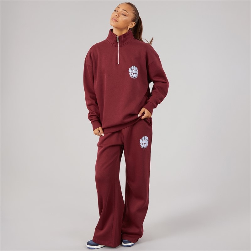 L'amore Couture Dame Lumi Kvarts Zip Sweatshirt Og Vide Ben Jogger Træningssæt Burgundy