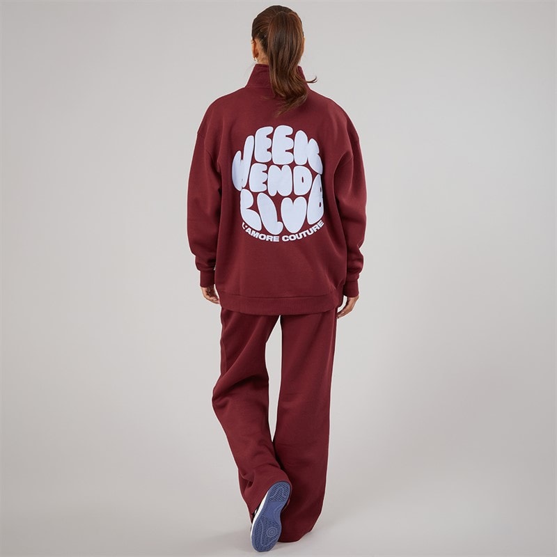 L'amore Couture Dame Lumi Kvarts Zip Sweatshirt Og Vide Ben Jogger Træningssæt Burgundy - Billede 2