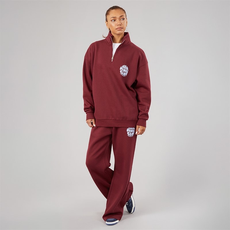 L'amore Couture Dame Lumi Kvarts Zip Sweatshirt Og Vide Ben Jogger Træningssæt Burgundy - Billede 3