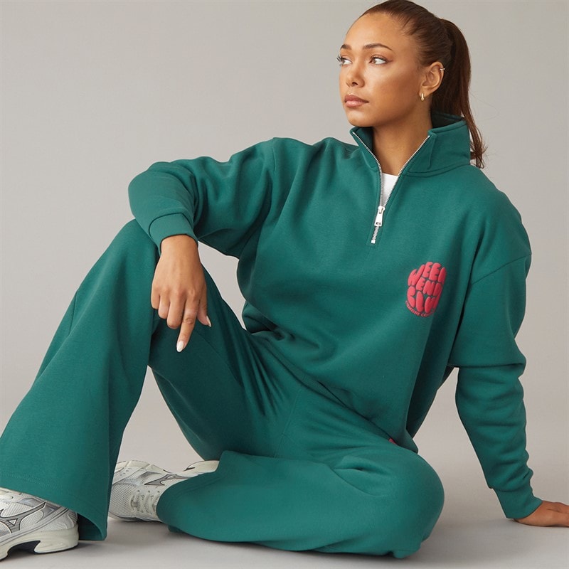 L'amore Couture Dame Lumi Kvarts Zip Sweatshirt Og Vide Ben Jogger Træningssæt Dark Green