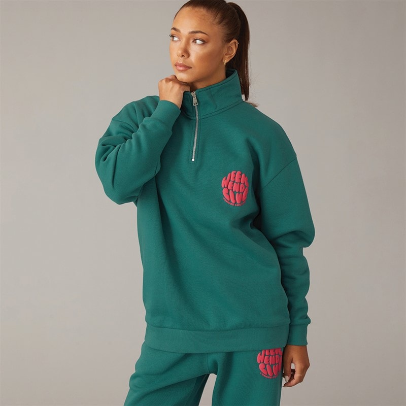 L'amore Couture Dame Lumi Kvarts Zip Sweatshirt Og Vide Ben Jogger Træningssæt Dark Green - Billede 3