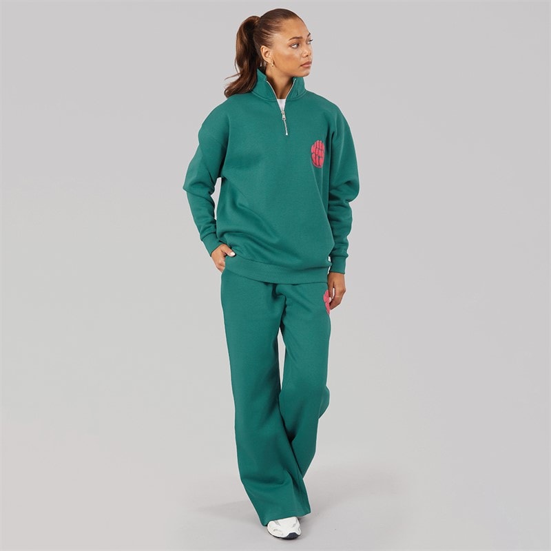 L'amore Couture Dame Lumi Kvarts Zip Sweatshirt Og Vide Ben Jogger Træningssæt Dark Green - Billede 4