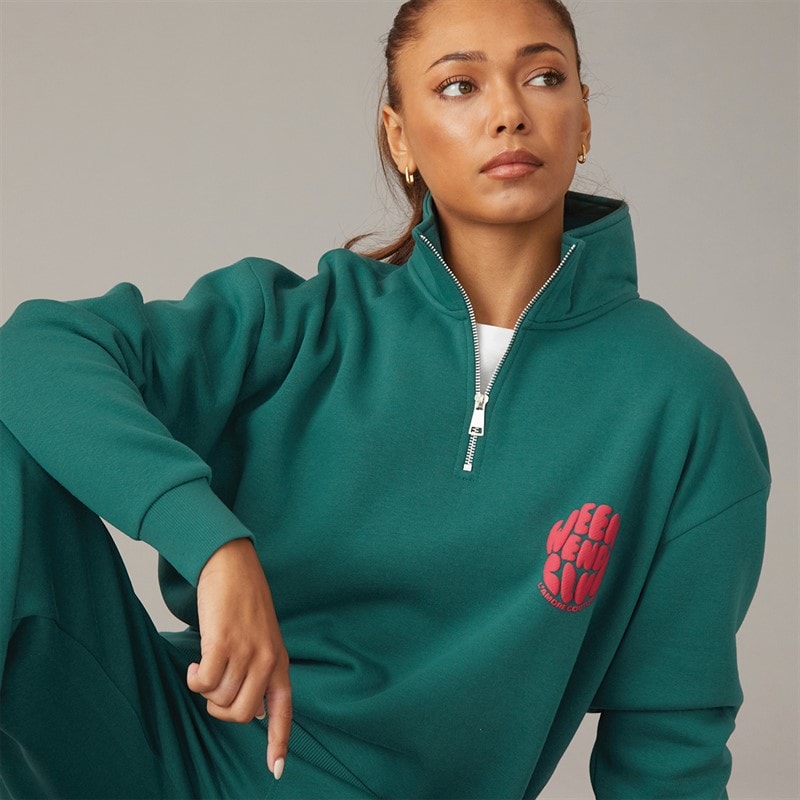 L'amore Couture Dame Lumi Kvarts Zip Sweatshirt Og Vide Ben Jogger Træningssæt Dark Green - Billede 5