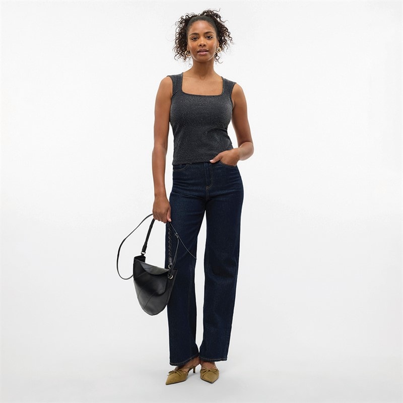 Vero Moda Dame Million Lurex Firkantet Hals Top Sort W Sølv - Billede 4