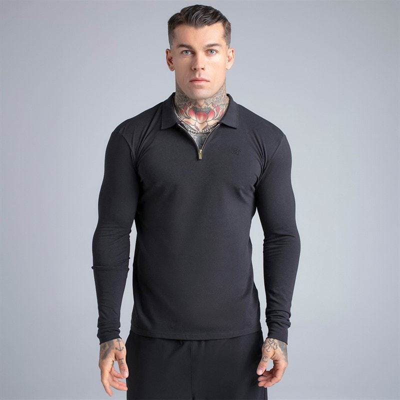 SikSilk Herre langærmet lynlås polo skjorte Sort