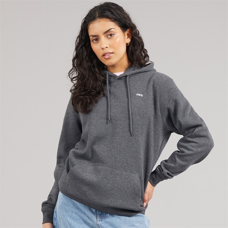 JJXX Dame Abbie Hættetrøje Mørk Grå Melange Print/Hvid JJXX Logo Dark Grey Melangeprint:White Jjxx Logo - Billede 3