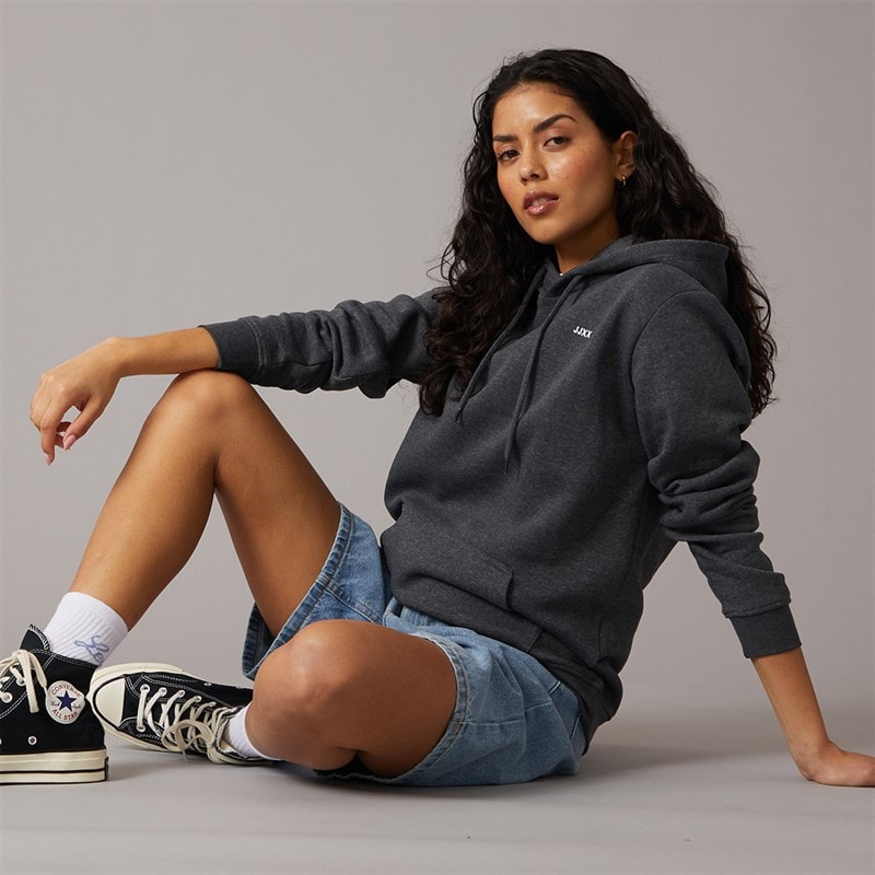JJXX Dame Abbie Hættetrøje Mørk Grå Melange Print/Hvid JJXX Logo Dark Grey Melangeprint:White Jjxx Logo - Billede 4