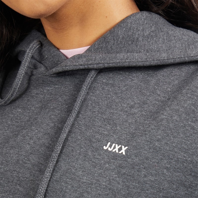 JJXX Dame Abbie Hættetrøje Mørk Grå Melange Print/Hvid JJXX Logo Dark Grey Melangeprint:White Jjxx Logo - Billede 5