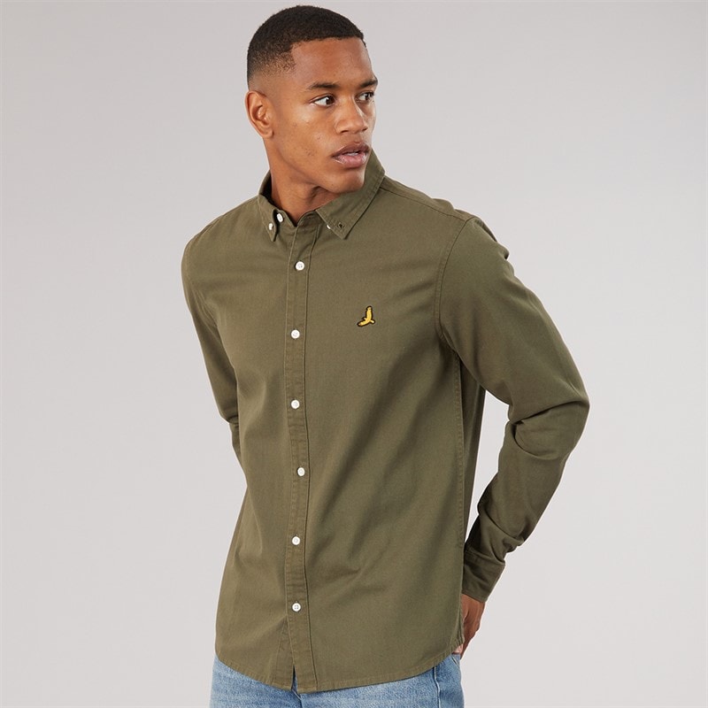 Brave Soul Herre grå langærmet skjorte - Khaki/Jet Black