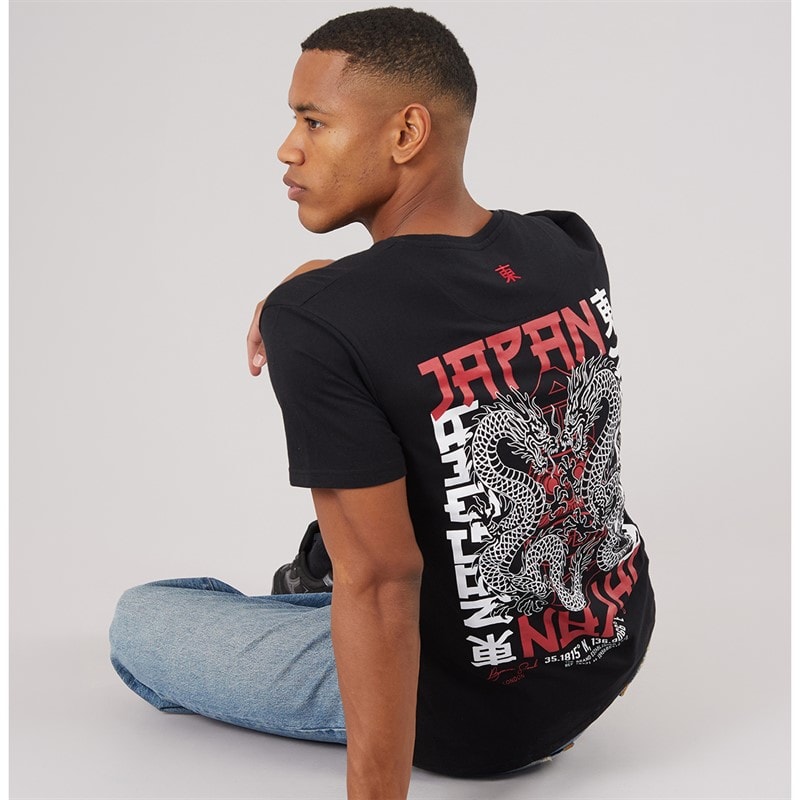 Brave Soul Herre aichi t-shirt med rund hals og korte ærmer - Jet Black/Multi Colour Print