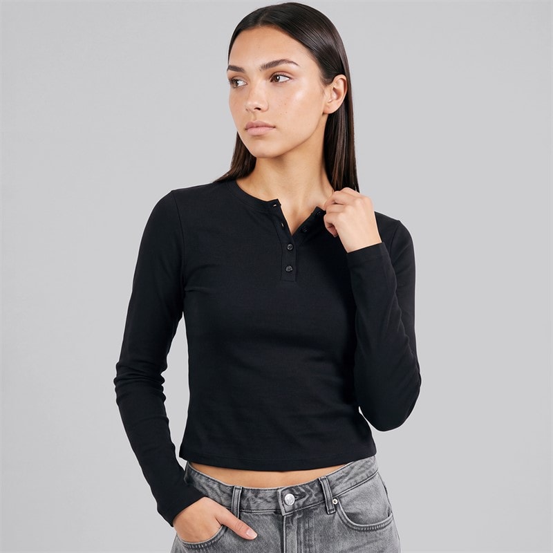 NICCE Dame penelopee tætsiddende langærmet henley t-shirt - Sort