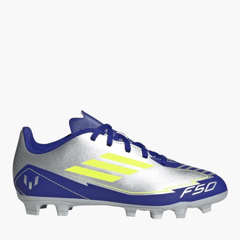adidas Junior f50 club messi la vida rapida pakke fg/mg fast/multijord fodboldstøvler - Metallic sølv/Solar Yellow/Hellblå
