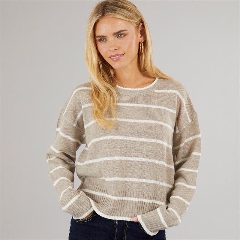 Brave Soul Dame mason crew neck jumper - Mink/White Stripe