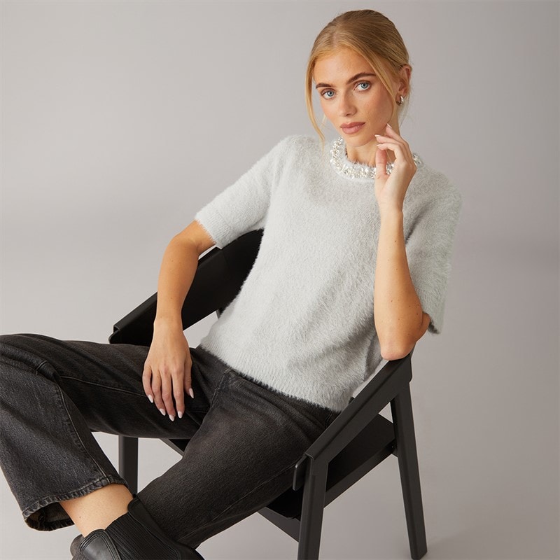 Brave Soul Dame crystal fluffy strik t-shirt - Lysegrå