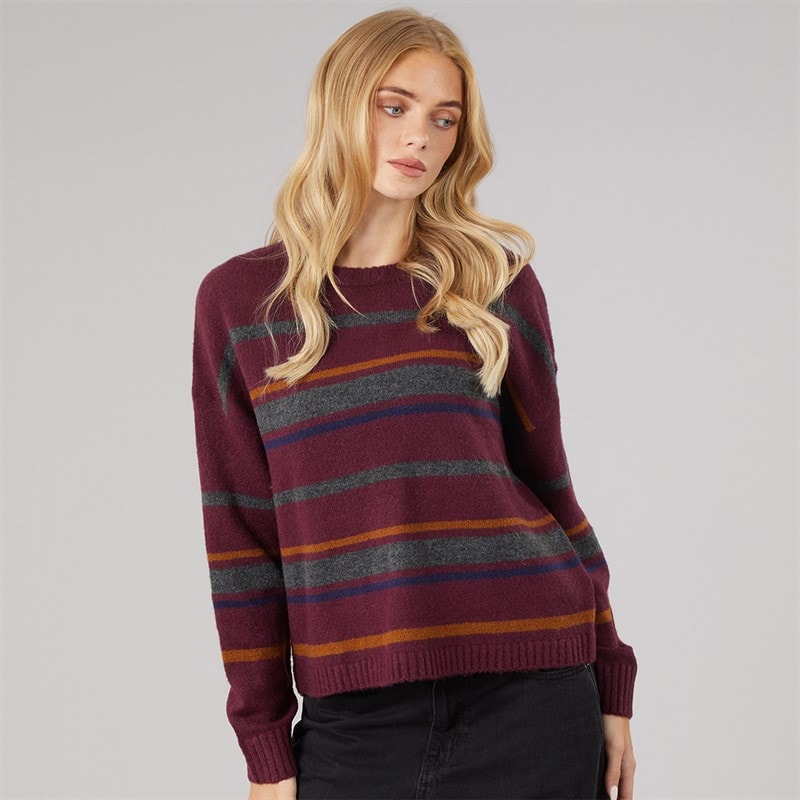 Brave Soul Dame sian rundhalset jumper - Cherry/Multi Stripe