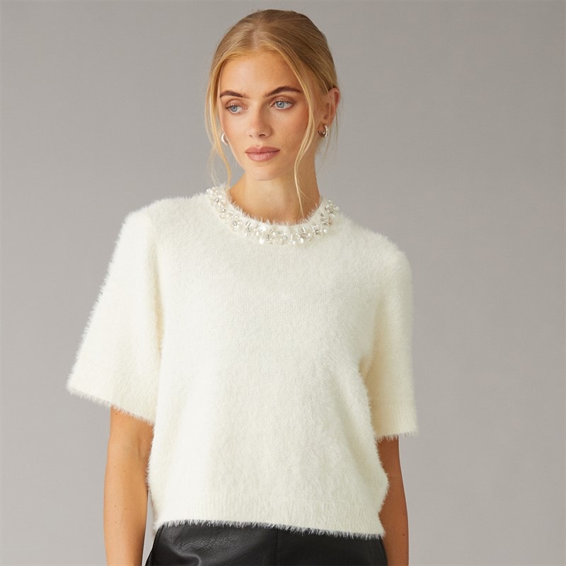 Brave Soul Dame crystal fluffy strik t-shirt - Ivory