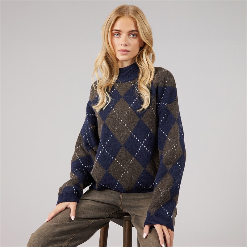 Brave Soul Dame oxford argyle sweater - Navy/Brun