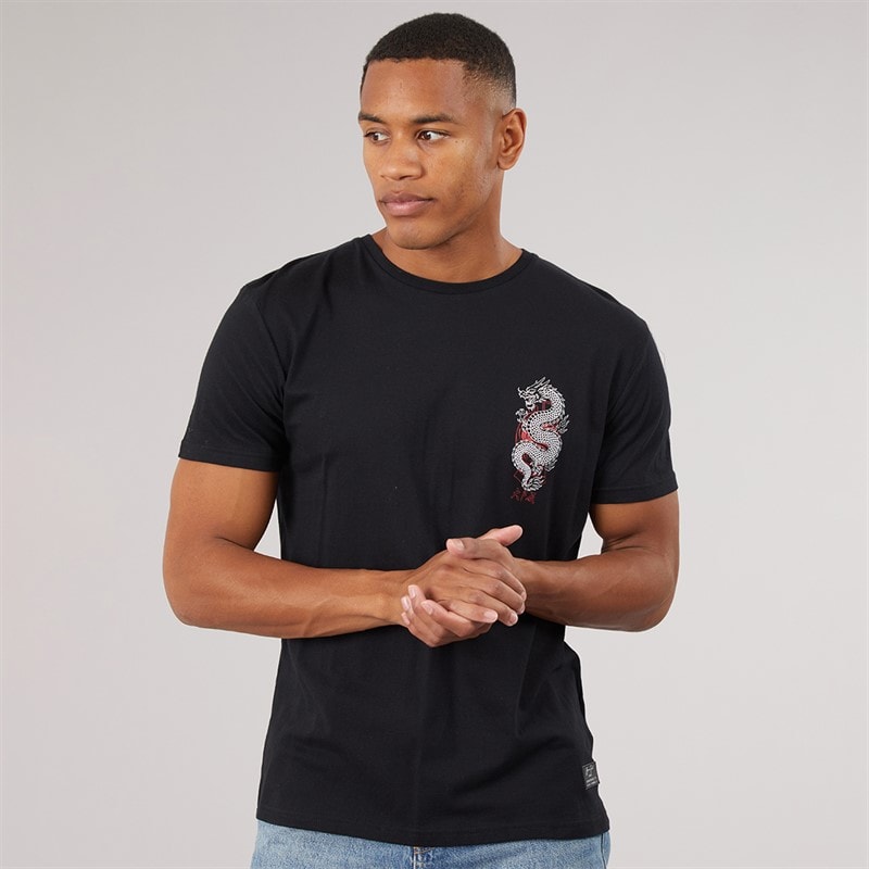 Brave Soul Herre aichi t-shirt med rund hals og korte ærmer - Jet Black/Multi Colour Print