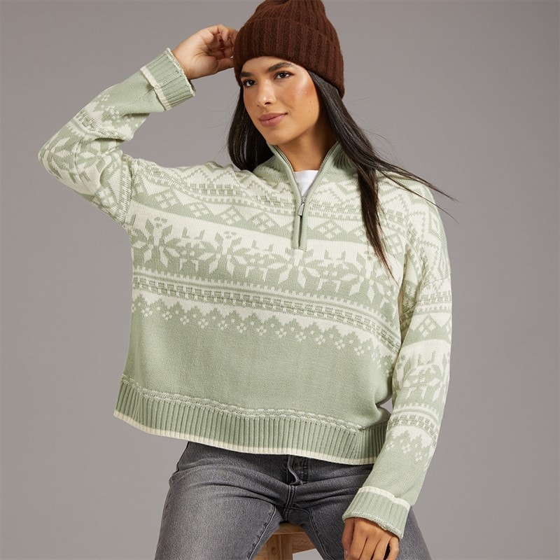 Board Angels Dame half zip fairisle sweater - Pastel Sage/Ivory