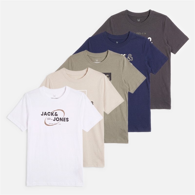 JACK & JONES Drenge Andrew fem-pak t-shirts - Hvid/Moonbeam/Vativer/Navy Blazer/Asphalt