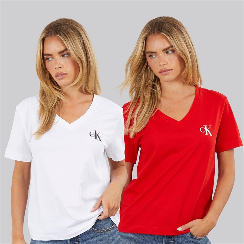 Calvin Klein Jeans Dame logo to-pak v-hals t-shirts - Adrenaline Rush/Brilliant White