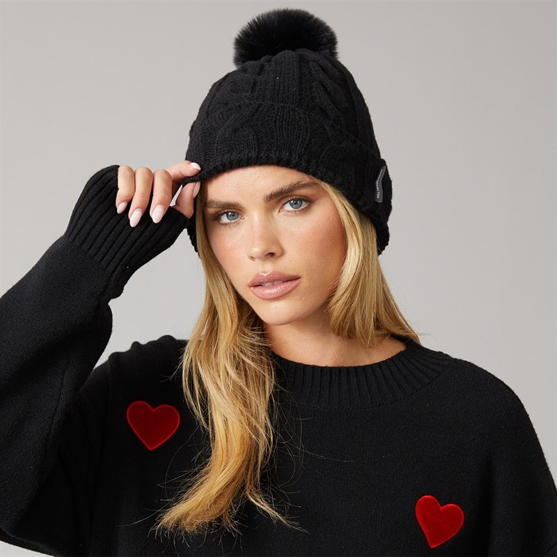 French Connection Dame kabelstrikket pompom hue - Sort