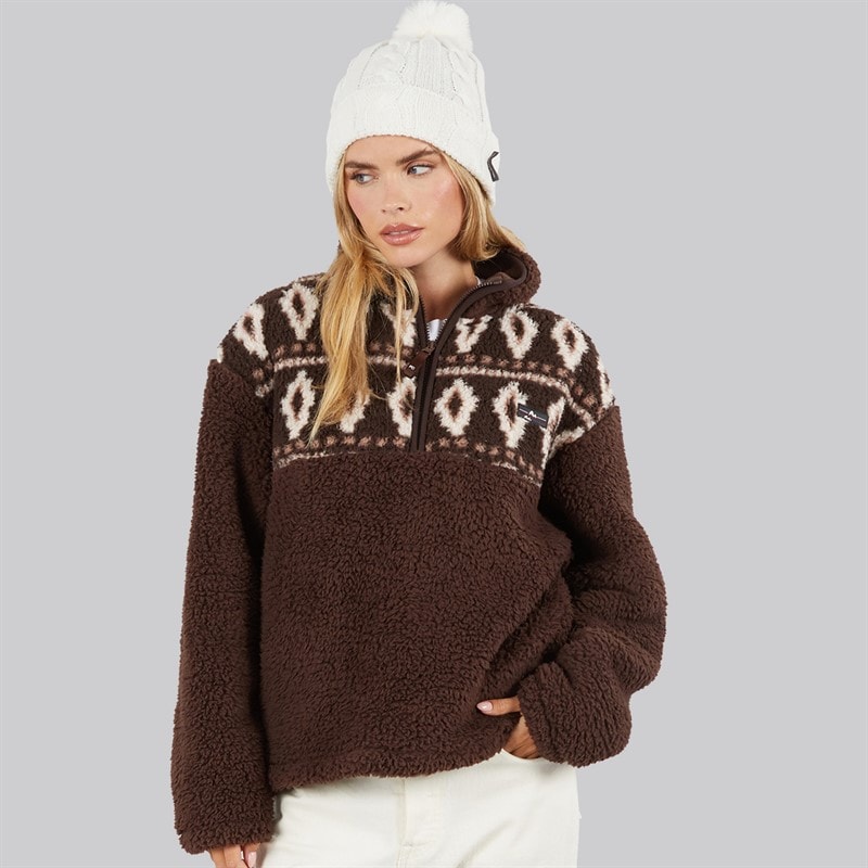 French Connection Dame borg fairisle fleece med lynlås - Chocolate