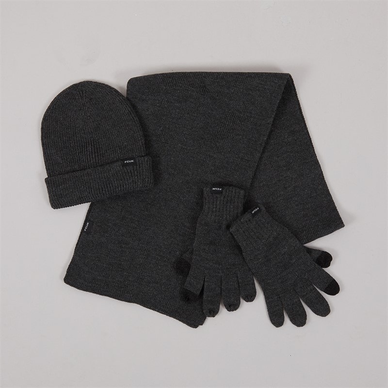 French Connection Herre FCUK cash beanie halstørklæde og handsker sæt i tre dele - Charcoal Melange