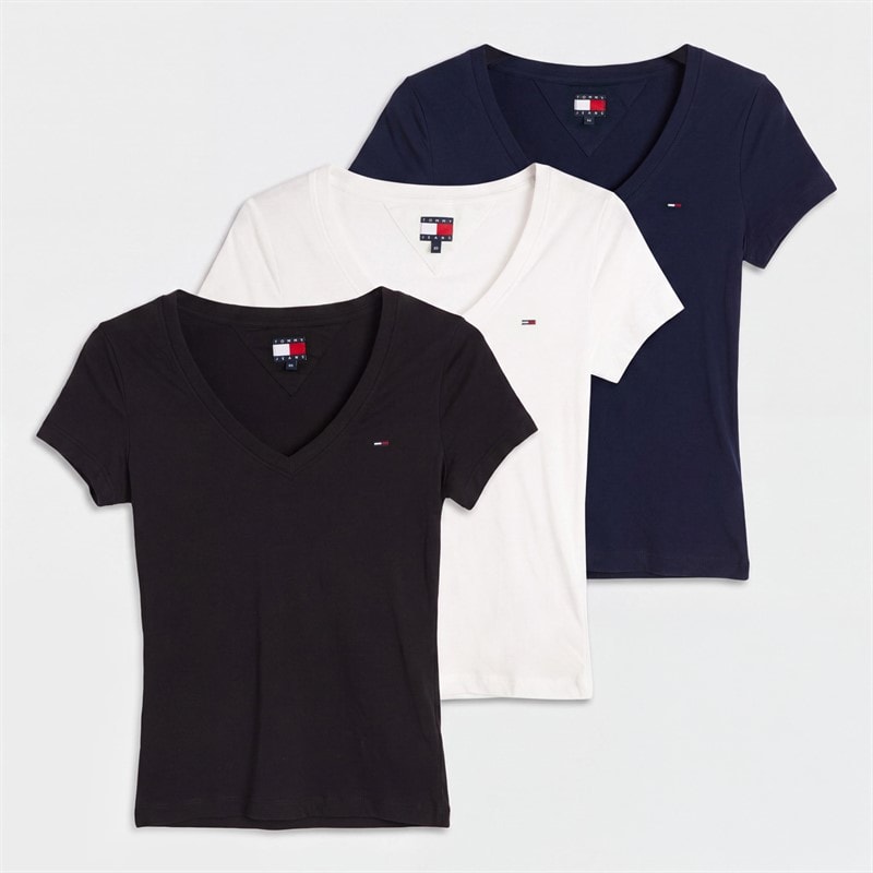 Tommy Jeans Dame Tre Pak V-hals T-shirts Sort/Ecru/Dark Night Navy