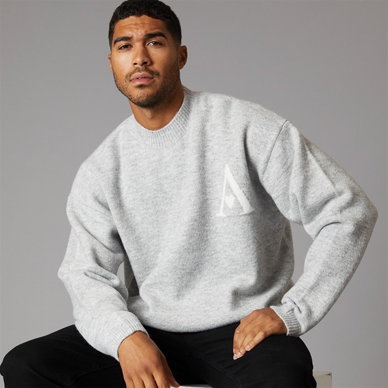 Avant Garde Herre Hjerter Strikket Crew Neck Jumper Lys Grå Melering