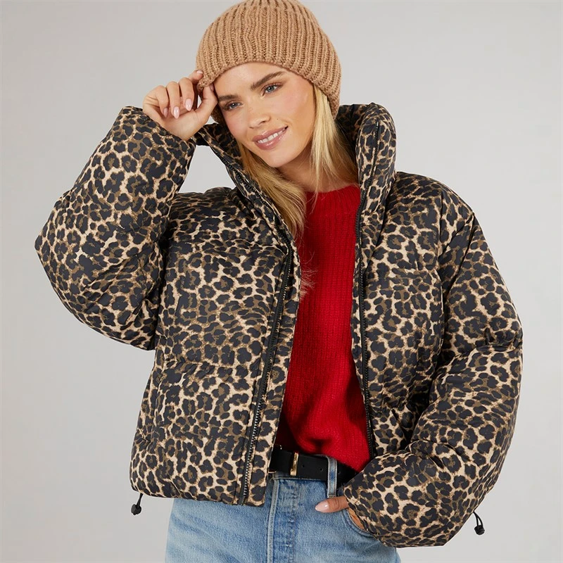 Brave Soul Dame Ramblin Kort Puffer Jakke Leopard