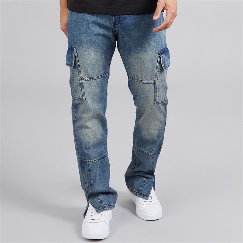 Brave Soul Herre Station Løs Pasform Cargo Jeans Mid Blue