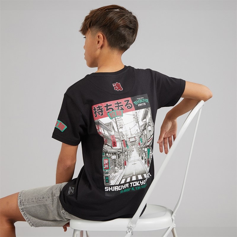 Brave Soul Drenge Ameyoko T Shirt Jet Sort/Multi Farve