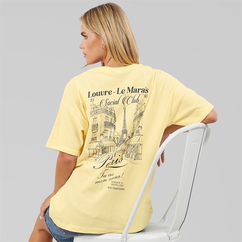 Brave Soul Dame Louvre T Shirt Gul/Blue Body/Print