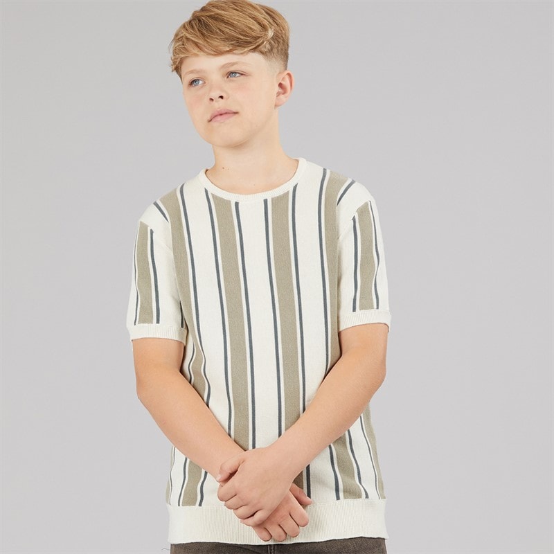 Brave Soul Drenge Gillam Strikket T-shirt Cream/Light Green/Mid Green