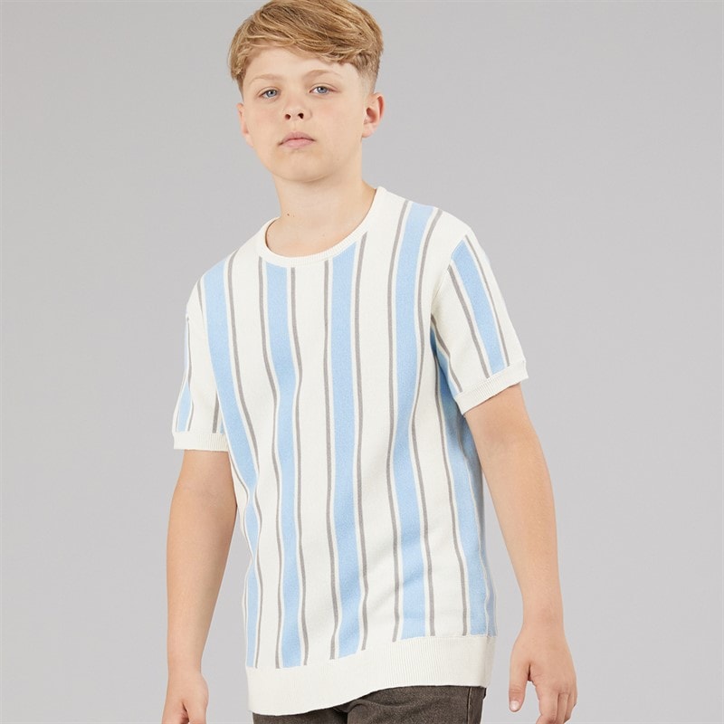 Brave Soul Drenge Gillam Strikket T Shirt Cream/Pale Blue/Light Grey