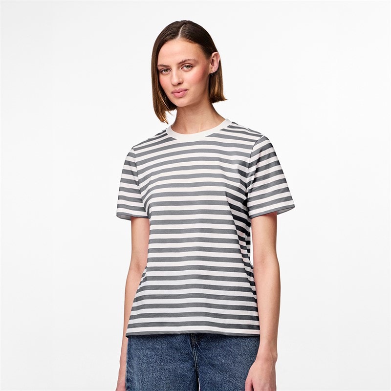 Pieces Dame Ria Stribet T-shirt Ultimate Grey