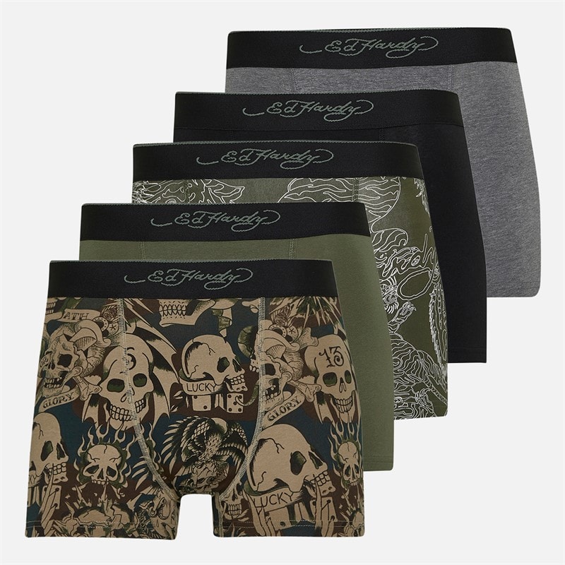 Ed Hardy Herre Harkness Fem Pak Bokser Khaki/Khaki Aop/Charcoal Marl/Camo Aop/Sort